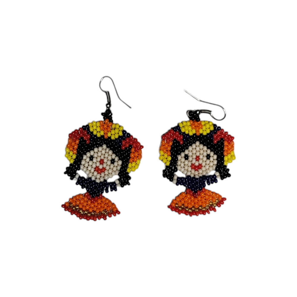Handmade Otomi Doll Lightweight Beaded Earrings Black Orange Yellow & Cream - Picture 3 of 7